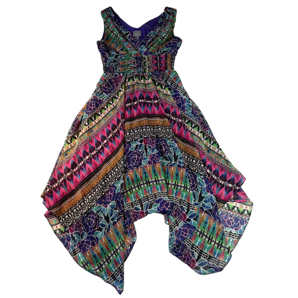 Rabbit Designs Boho Handkerchief Hem Dress Women's 6 Floral Smocked Festival